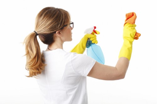 Cleaner reaching upper windows during window cleaning in Earlscourt